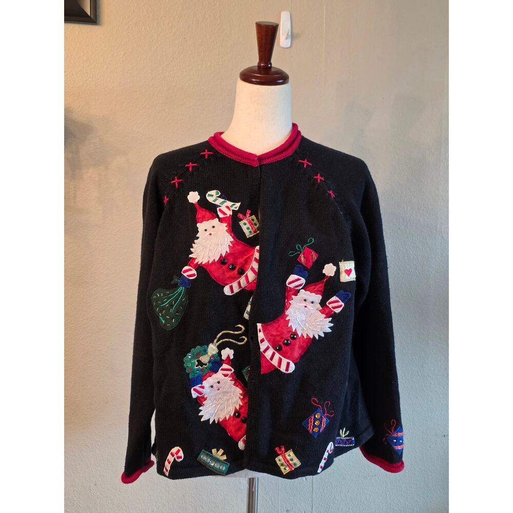 VTG Tiara International Ugly Christmas Sweater Cardigan SZ Large Santa